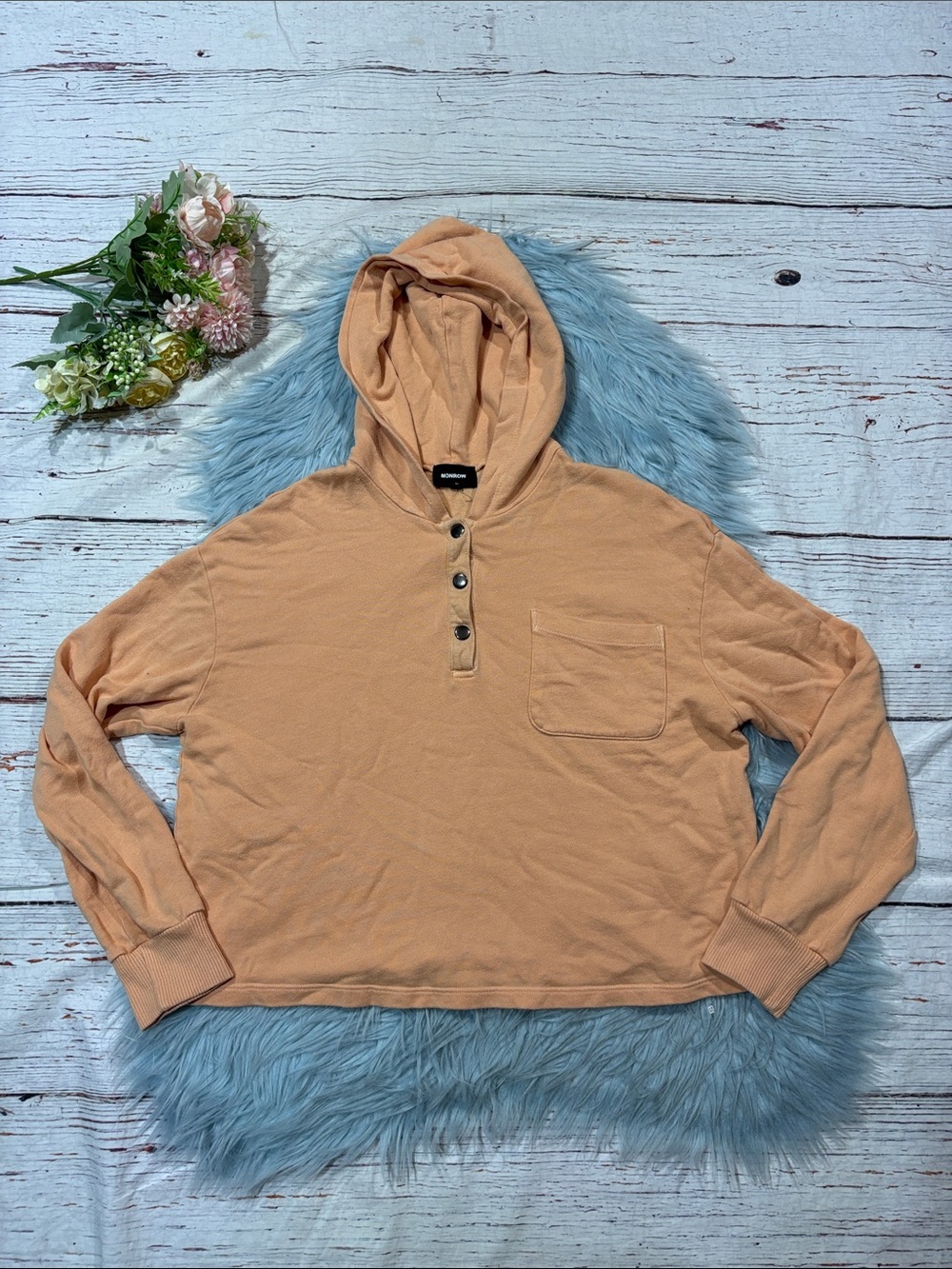 Monrow Henley Snap Peach Pullover Hooded Pullover Sweatshirt